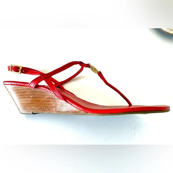 Tory Burch Emmy Leather Thong Wedge Sandals Red 9.5M - Picture 3 of 6